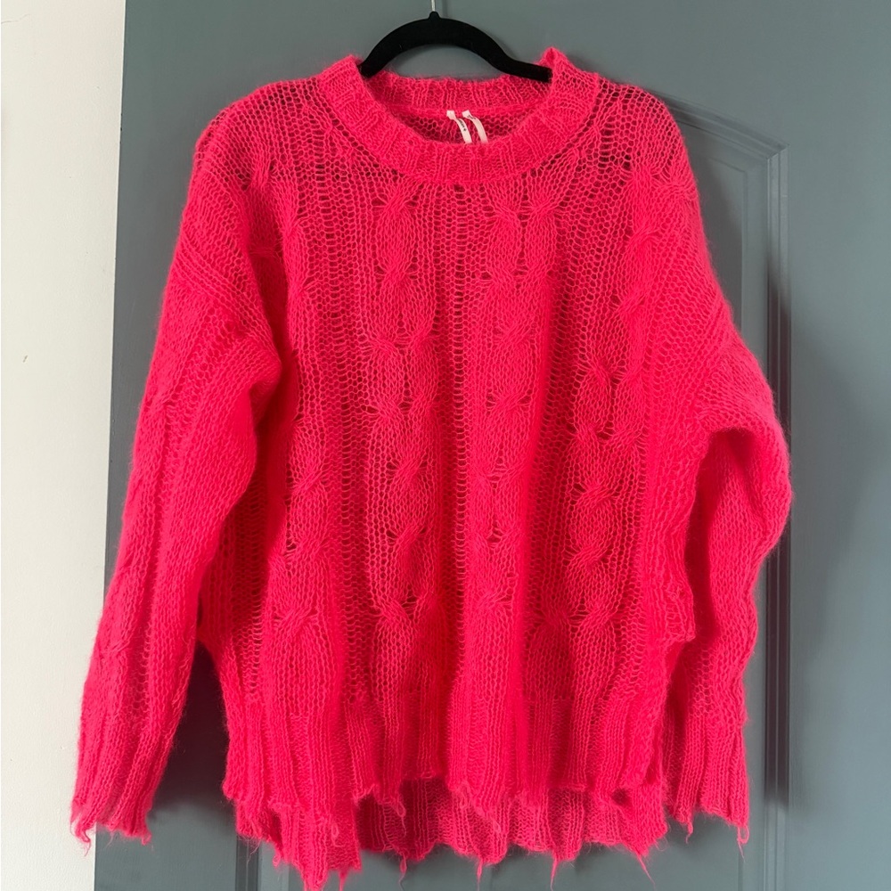Anthropologie The Posey Stitchy Distressed Sweater Hot Pink Sz sm